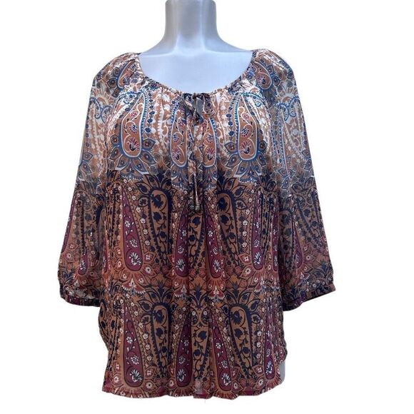 Sara Michelle Peasant Blouse Women's Petite L Neutral Paisley Keyhole 3/4 Sleeve - Picture 1 of 14